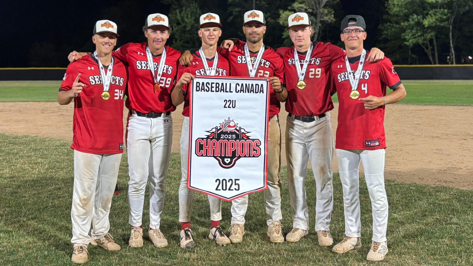 (L to R): St. Clair Saints Men's Baseball team members Kanaan Gale, Michael Grondin, Brady Knelsen, Andrew Sleiman, Rowan Glasgow and Cameron Beale